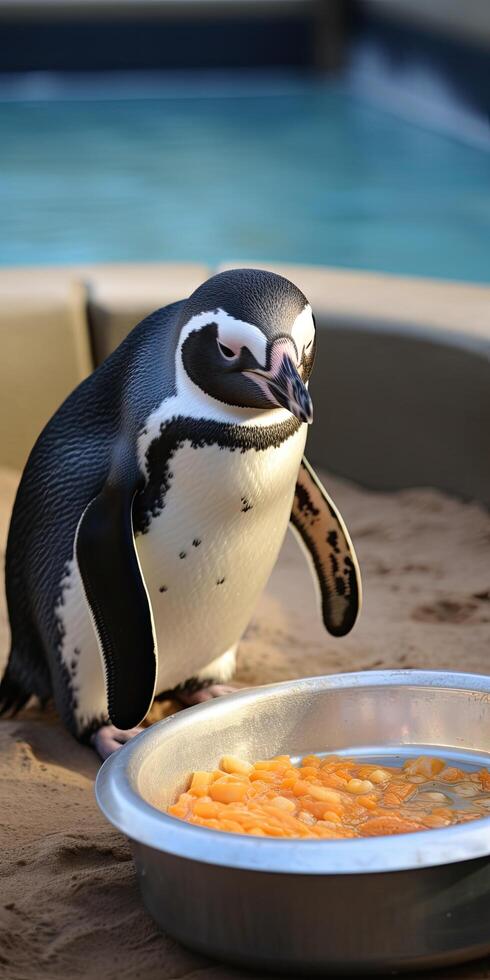 Penguin enjoying a meal by the ocean photo