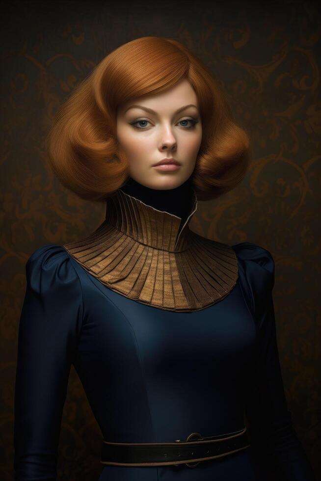 Elegant woman with striking red hair and dramatic makeup photo