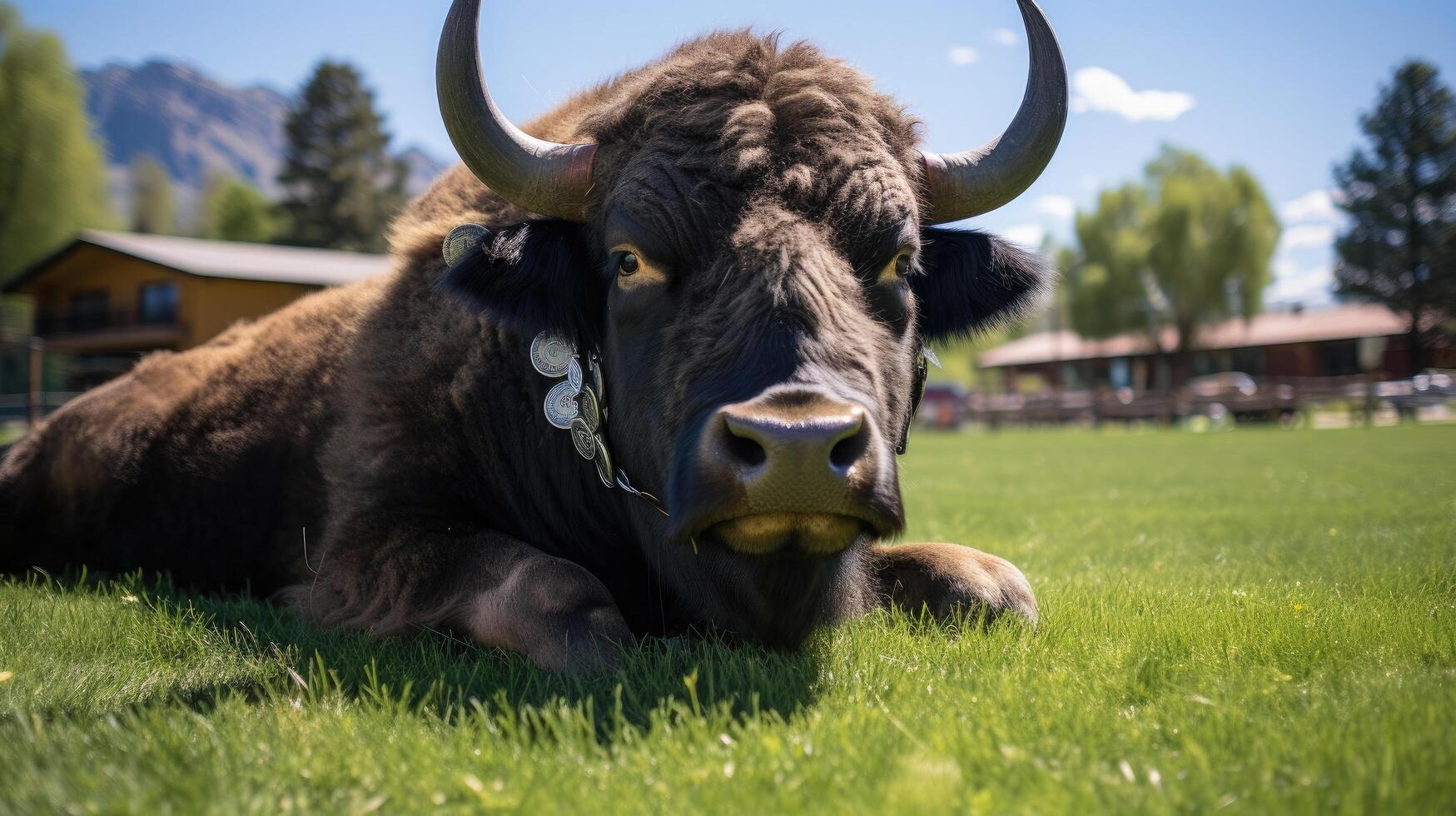 Majestic mountain bison resting in lush meadow photo