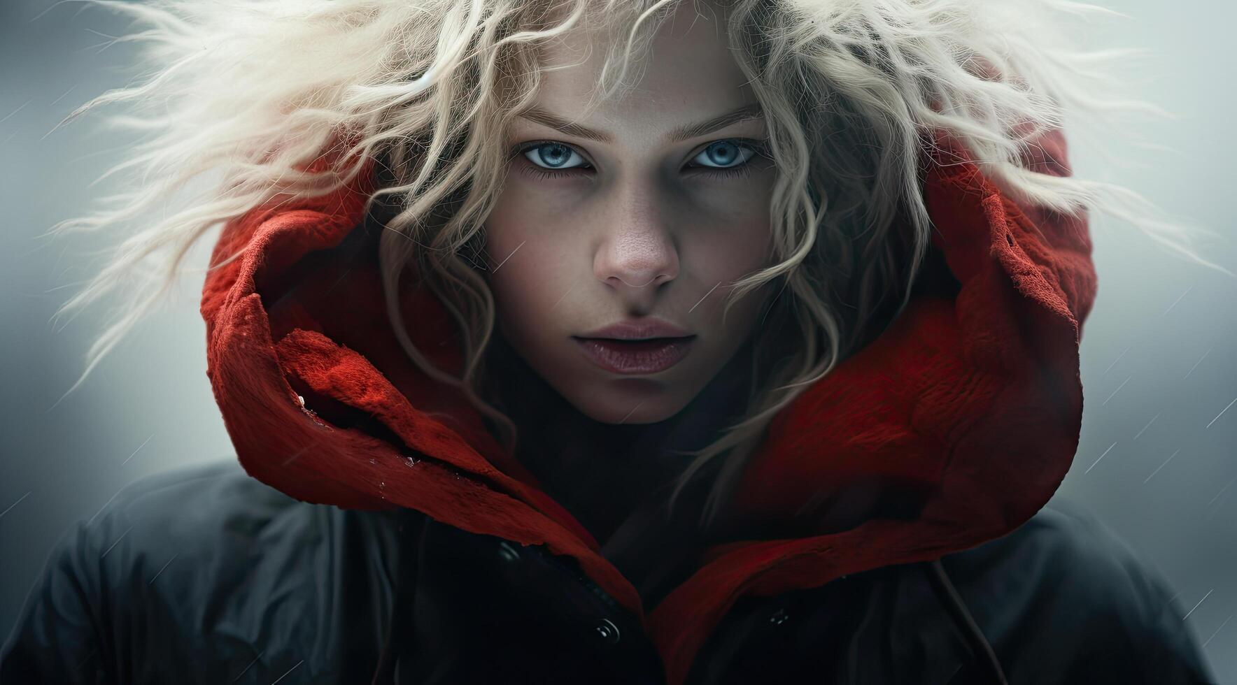 Intense gaze of a mysterious woman in a red coat photo