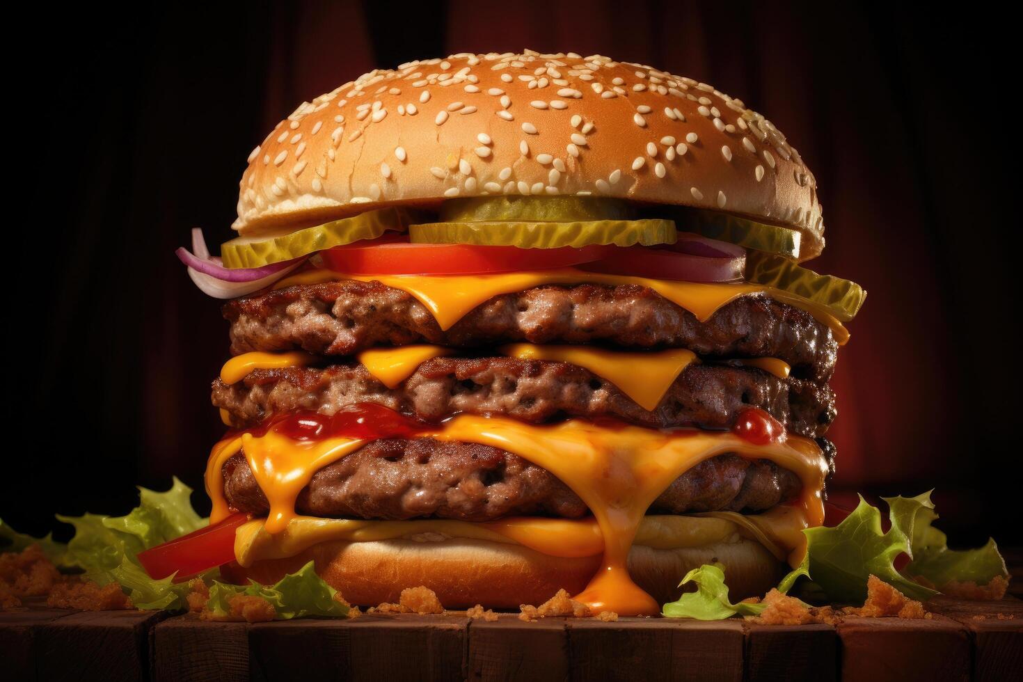 Delicious cheeseburger with melted cheese, pickles, and sesame seed bun photo