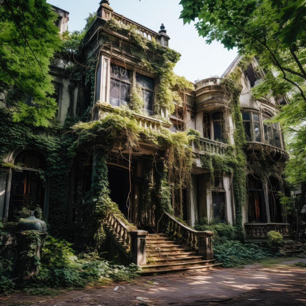 Overgrown abandoned mansion with lush greenery photo