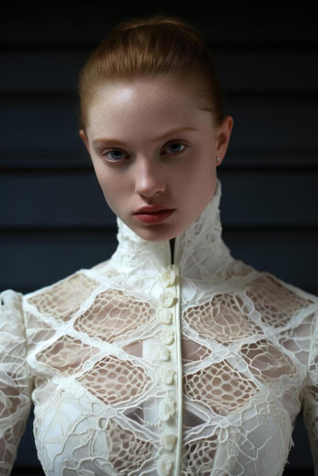 Elegant woman in white lace dress photo