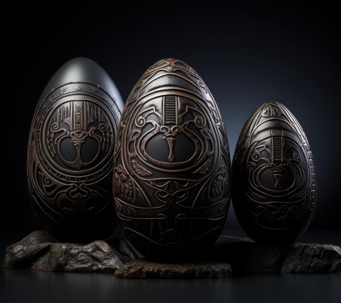 Ornate fantasy eggs on dark background photo
