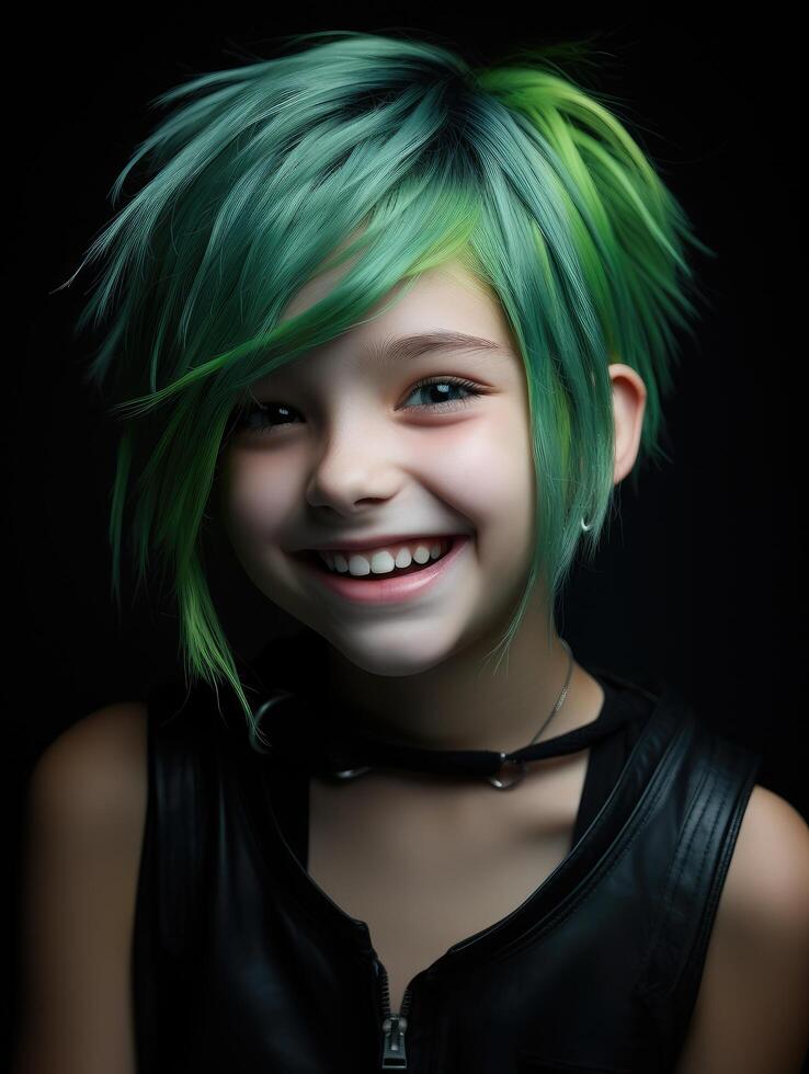 smiling young person with vibrant green hair photo