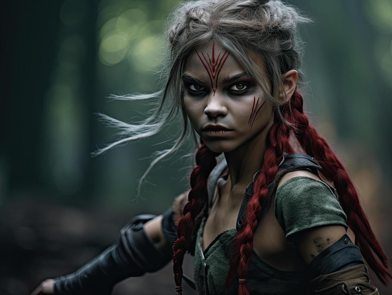 Fierce tribal warrior with bold face paint and braided hair photo