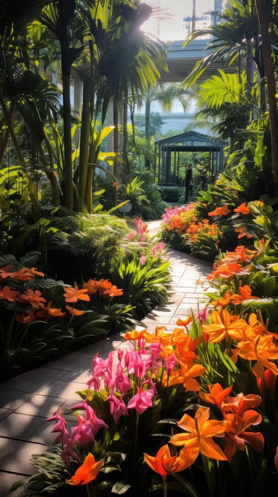 Lush tropical garden with vibrant flowers and foliage photo