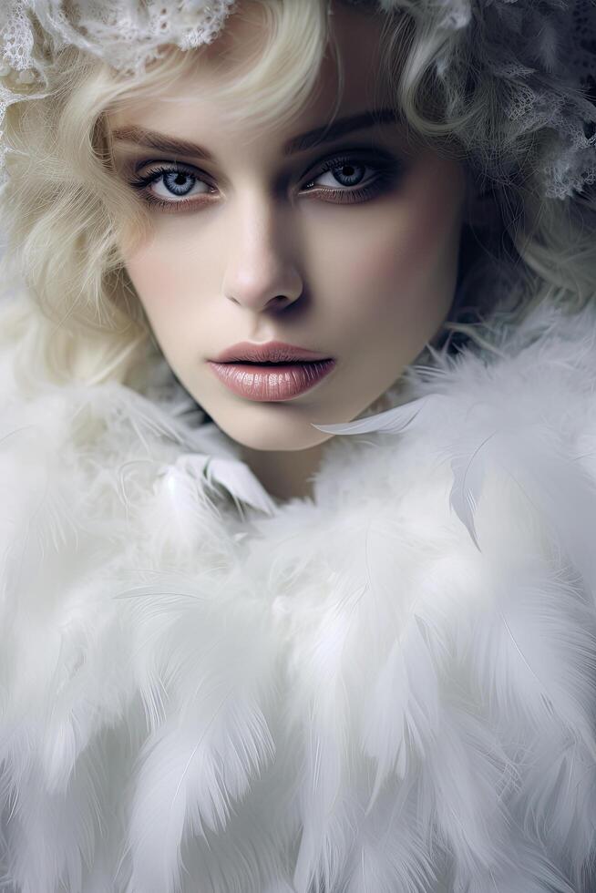 Glamorous woman with feathery white fur photo
