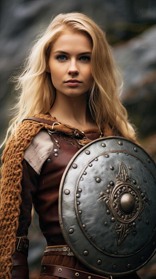 Fierce female warrior with shield and fur cloak photo