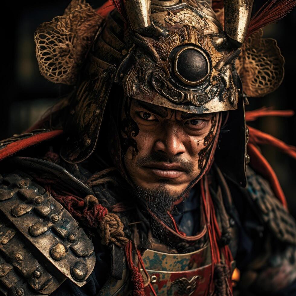 Fierce warrior in traditional samurai armor photo