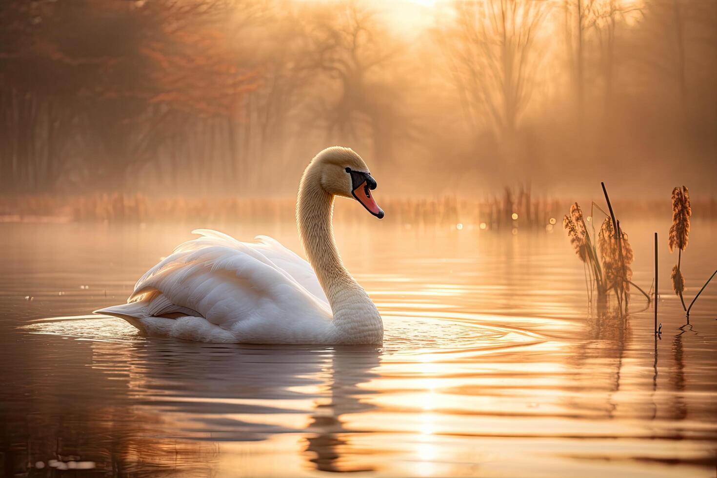 Serene swan swimming in golden sunset photo
