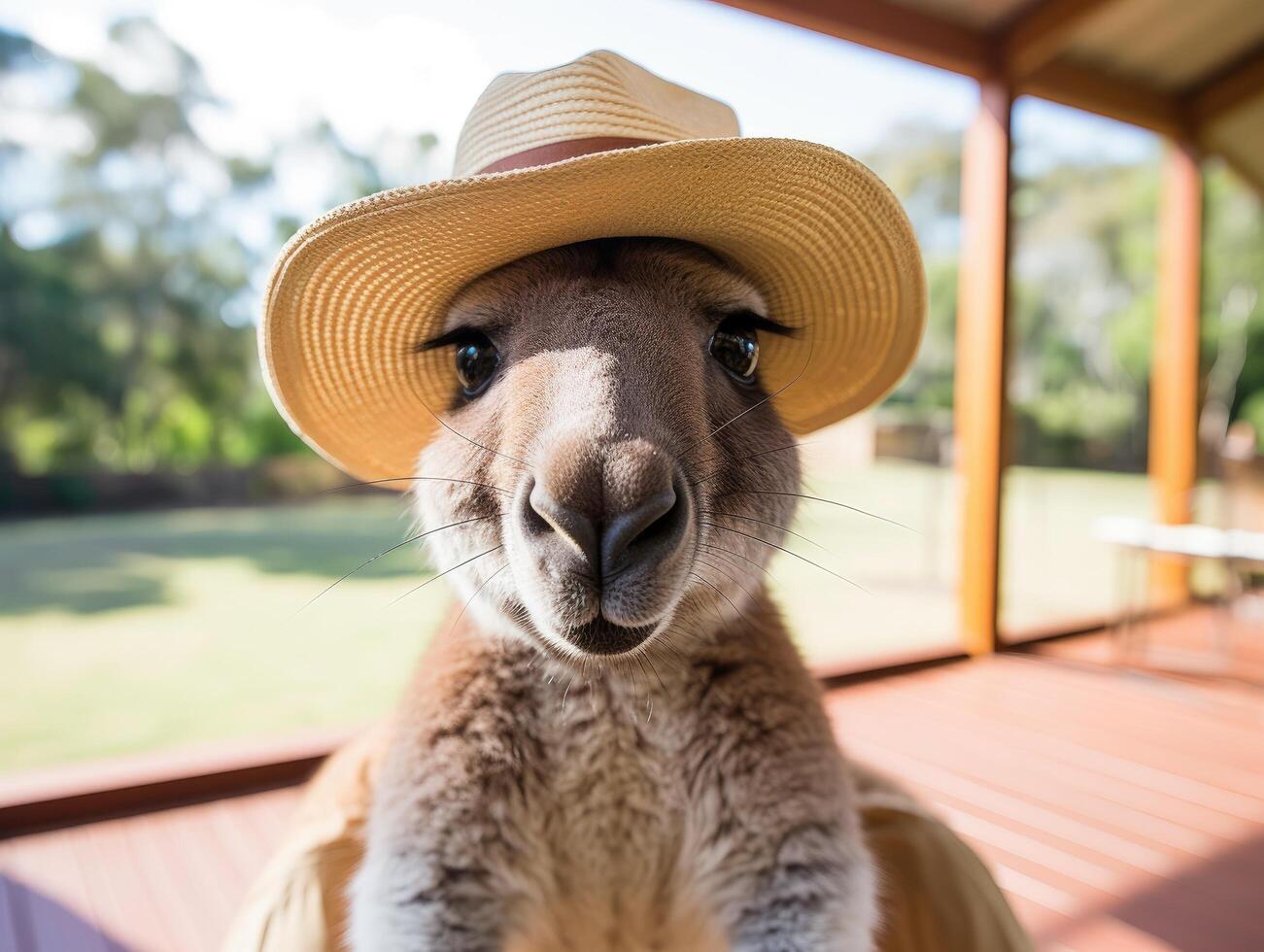 Cute sheep wearing straw hat photo