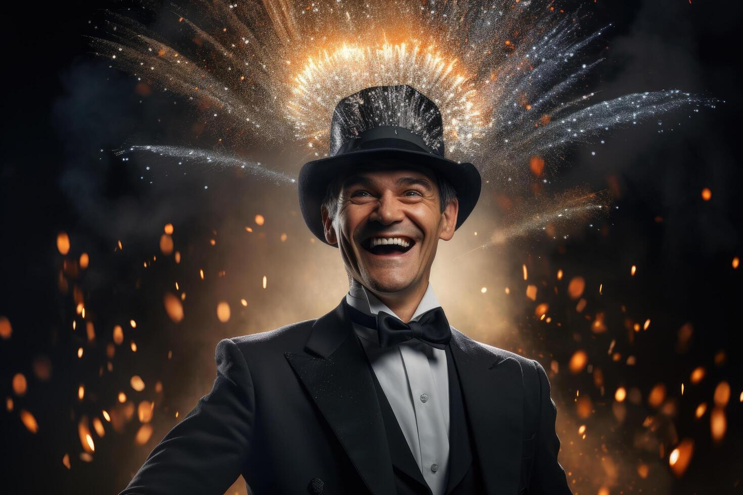 smiling man in tuxedo and top hat with fireworks display photo