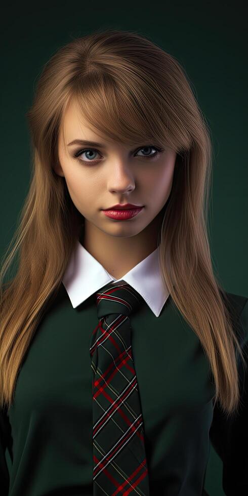 Serious young woman in school uniform photo