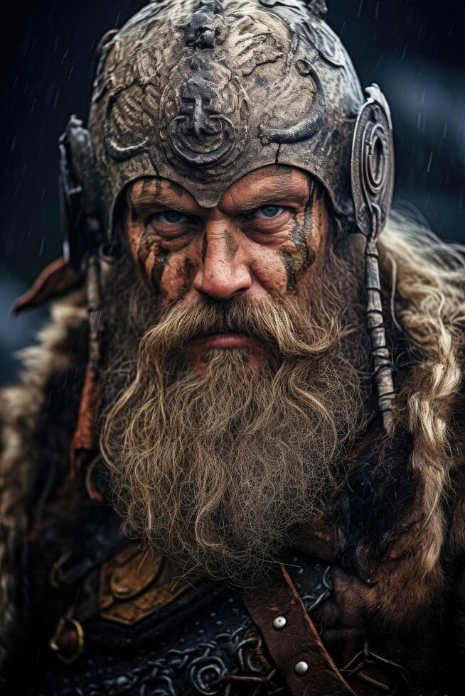 Fierce Viking warrior with intricate helmet and long beard photo