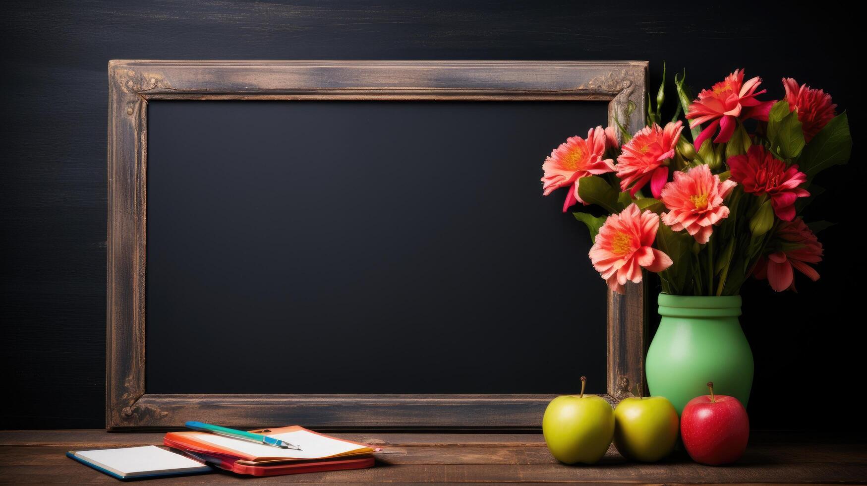 Classroom chalkboard with flowers and apples photo