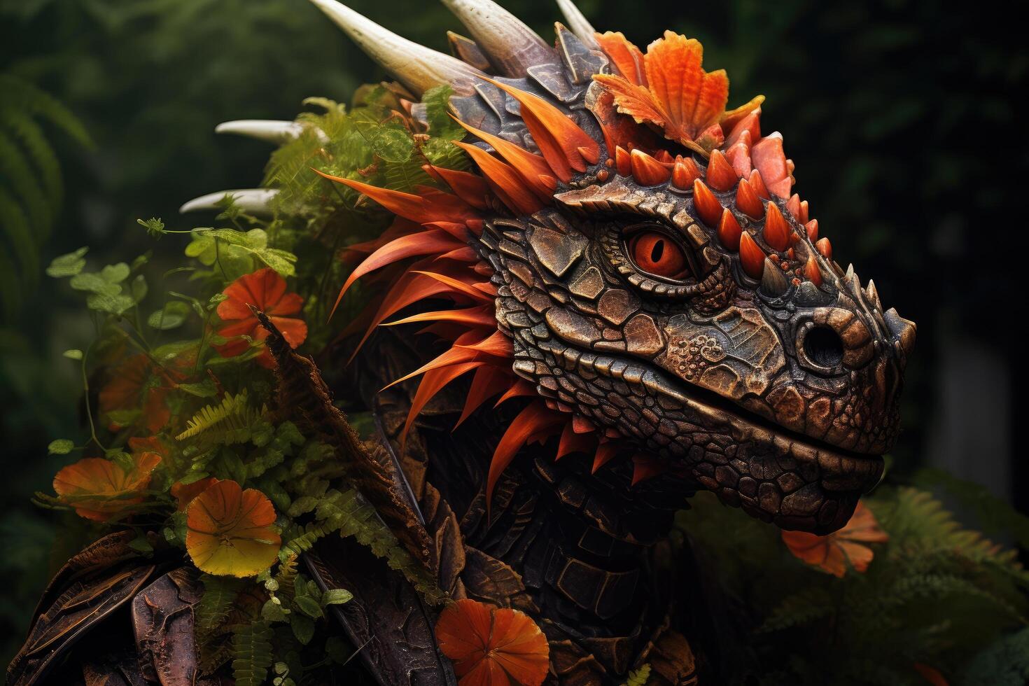 Fantastical dragon like creature surrounded by vibrant flowers photo