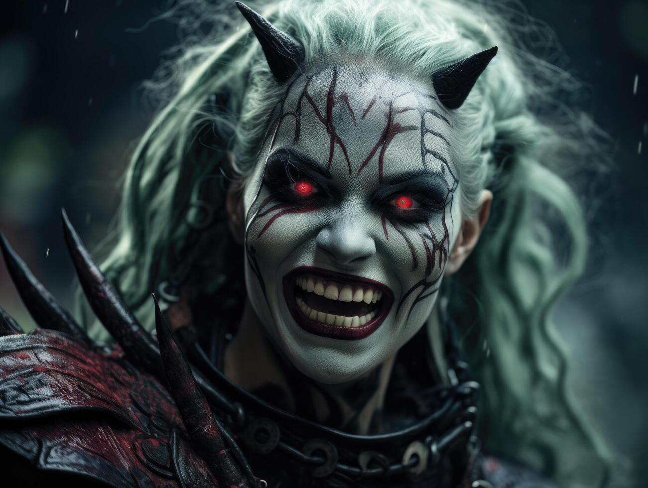 Terrifying demonic creature with glowing red eyes photo