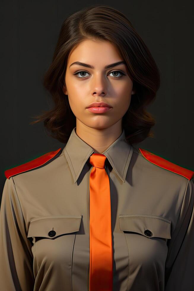 Serious young woman in military style uniform photo