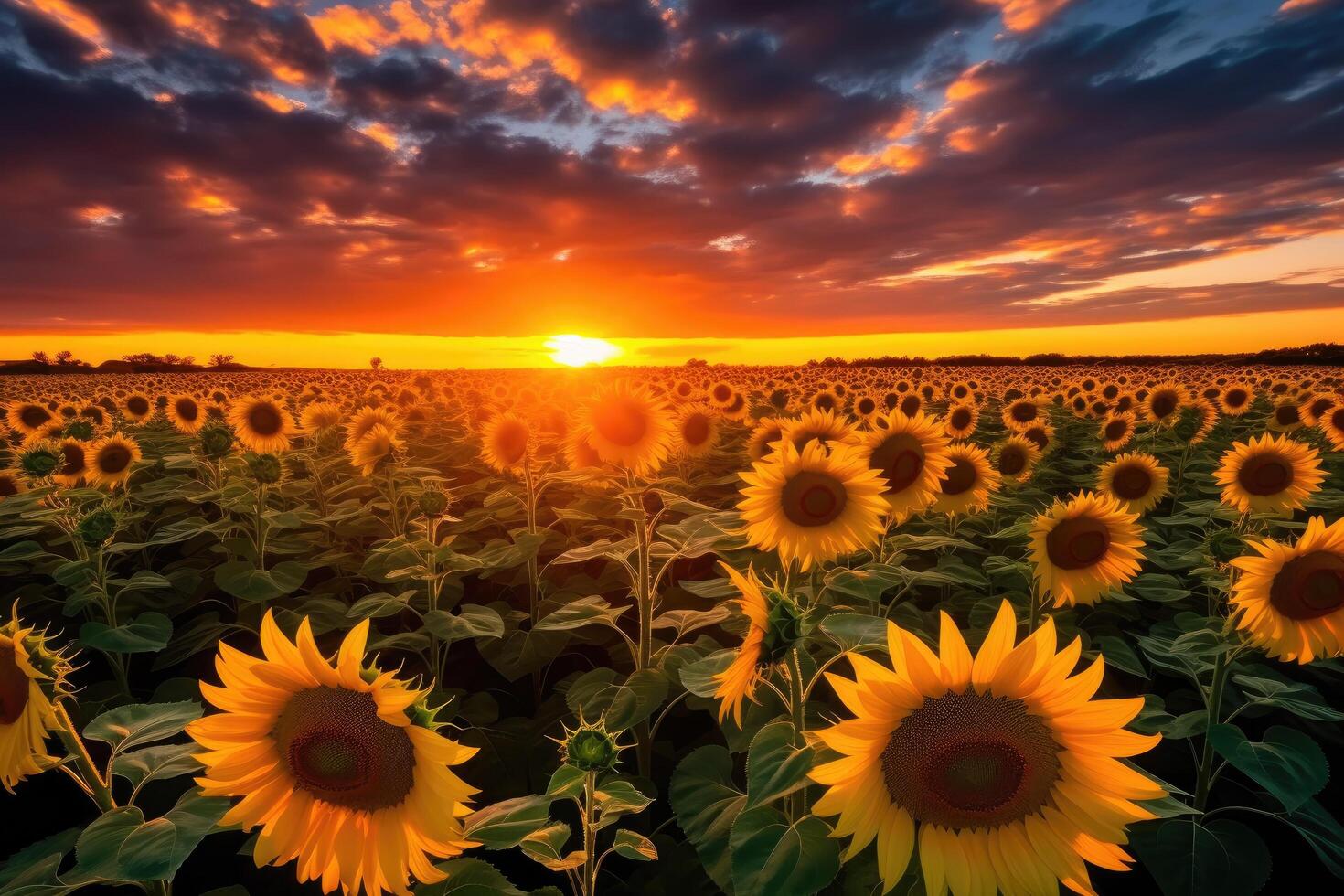 Stunning sunset over a sunflower field photo