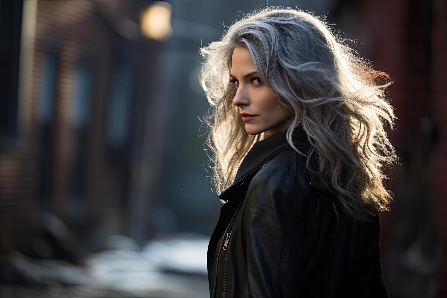 Mysterious woman with flowing blonde hair photo