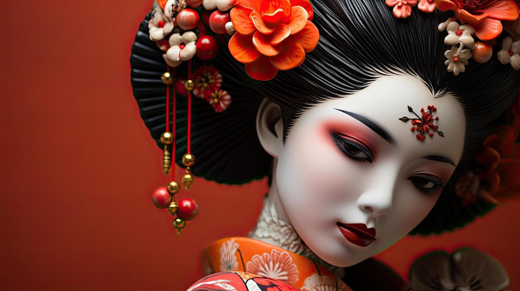 Elegant geisha portrait with vibrant floral headpiece photo