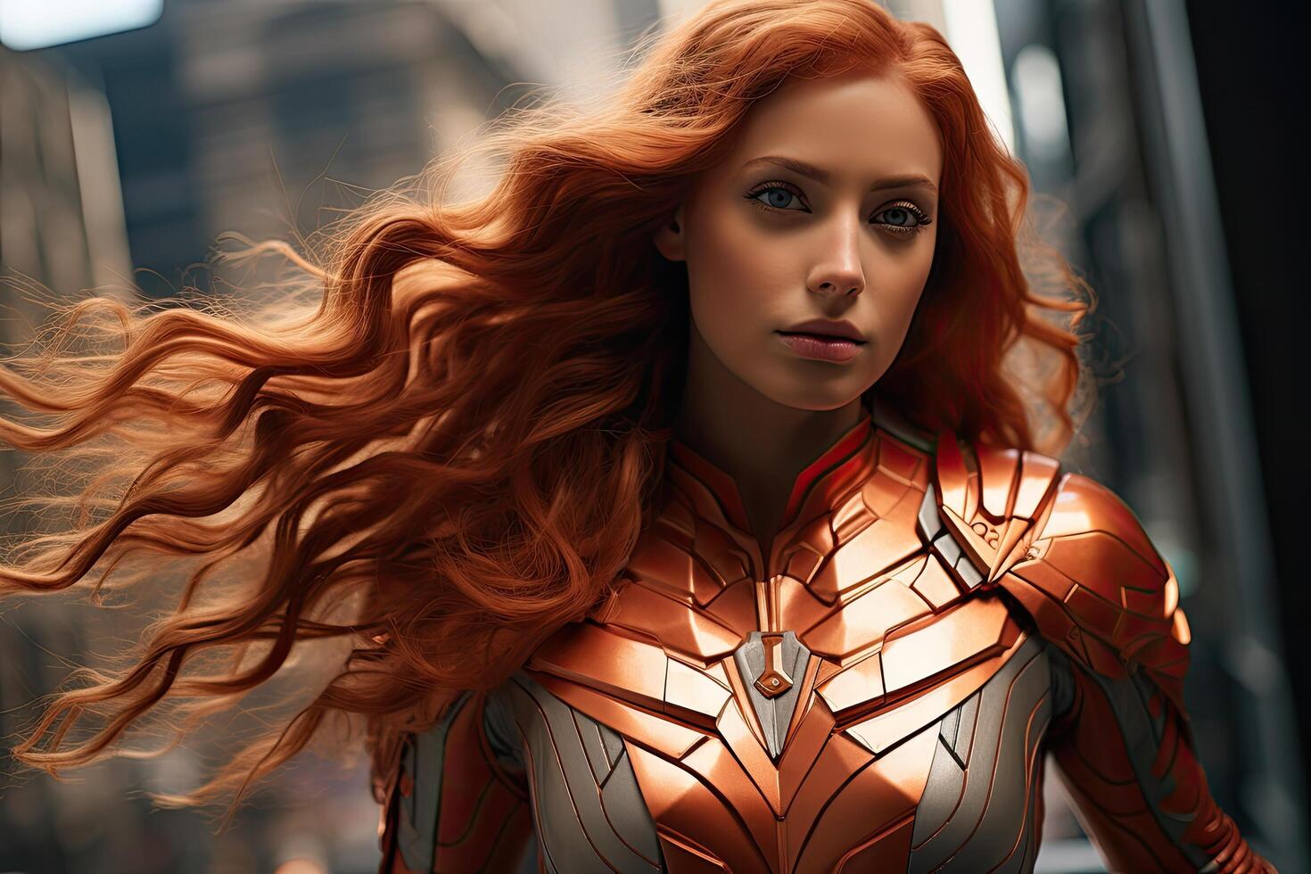 Striking redhead in futuristic armor photo