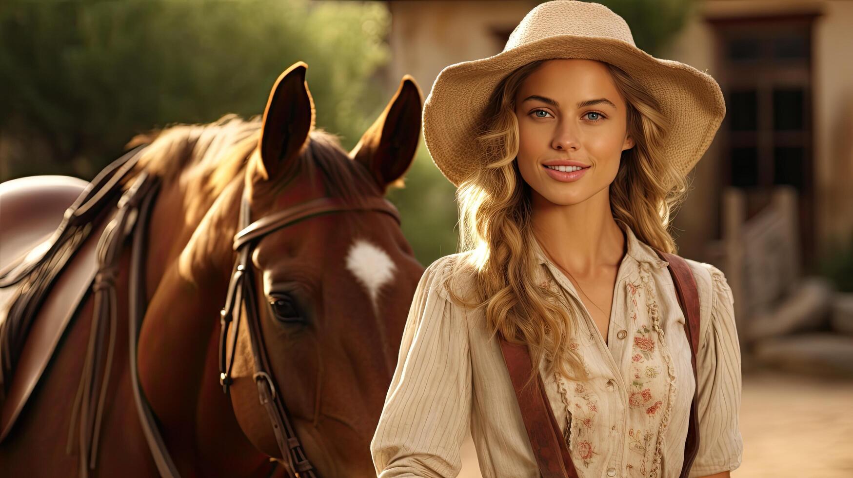 beautiful woman in cowgirl outfit with horse photo