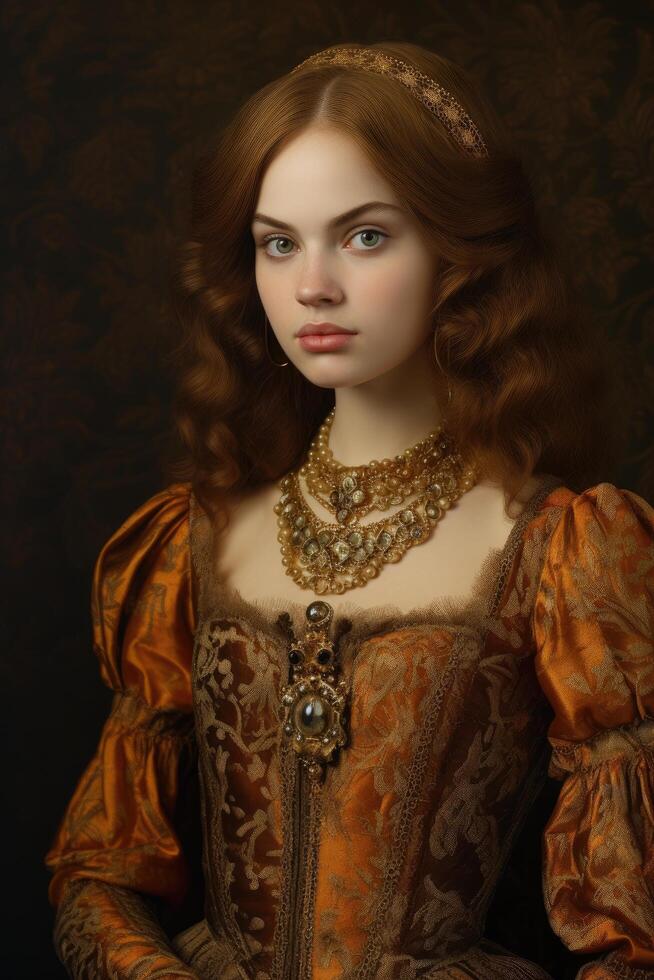 Portrait of a young woman in a golden dress photo