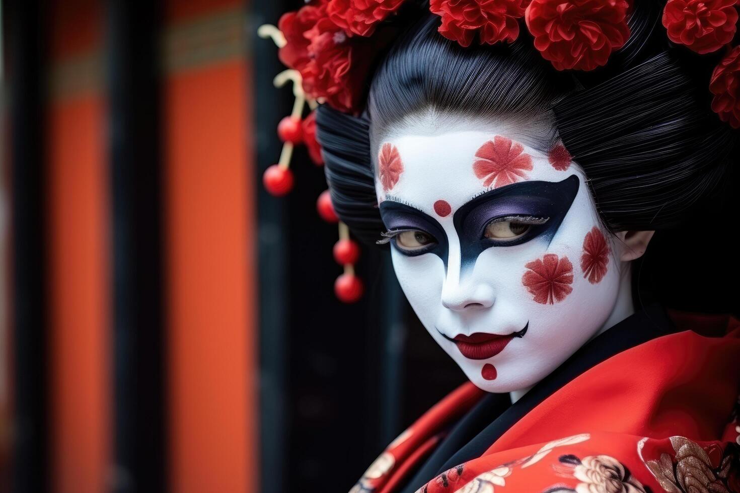 Geisha with striking makeup and floral headdress photo