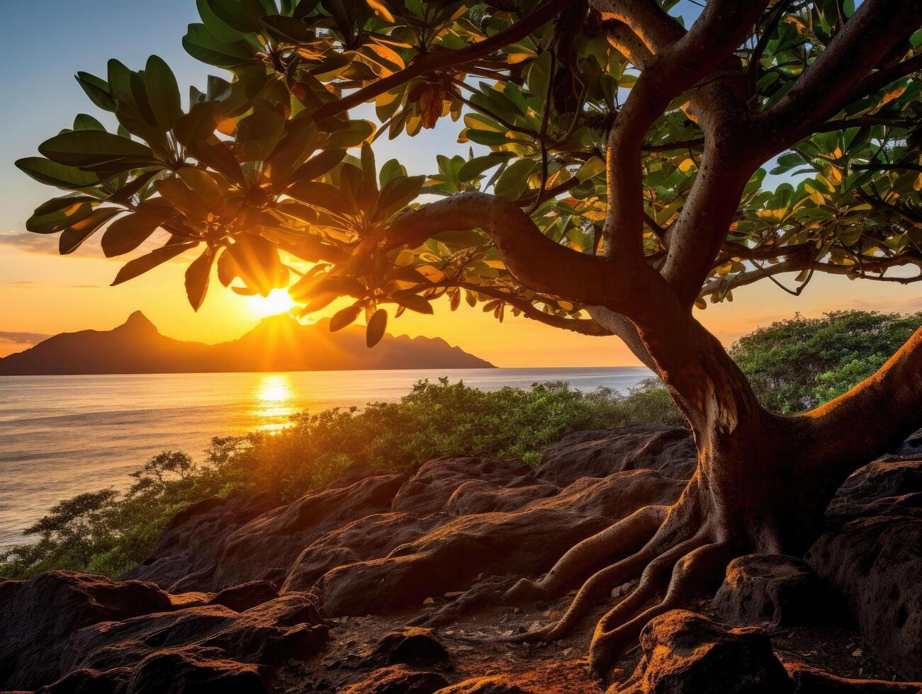 Sunset over tropical beach with lush foliage photo