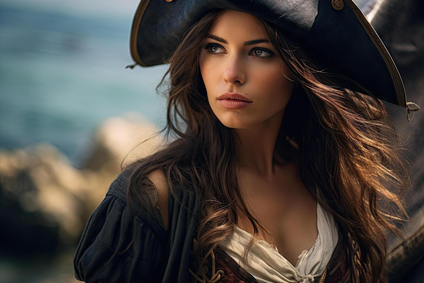 Mysterious woman in pirate costume gazing into the distance photo