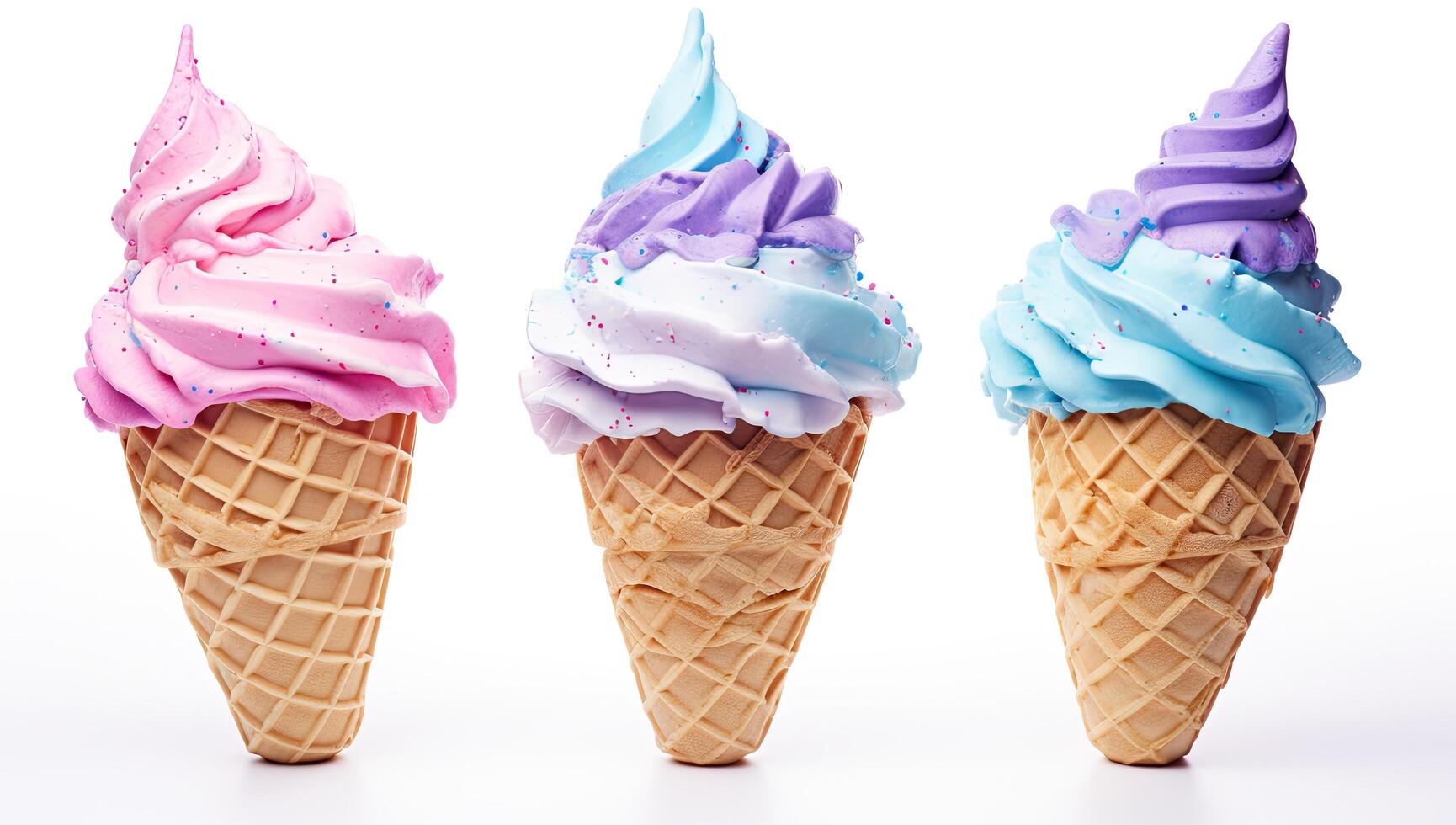 Colorful ice cream cones on white background photo