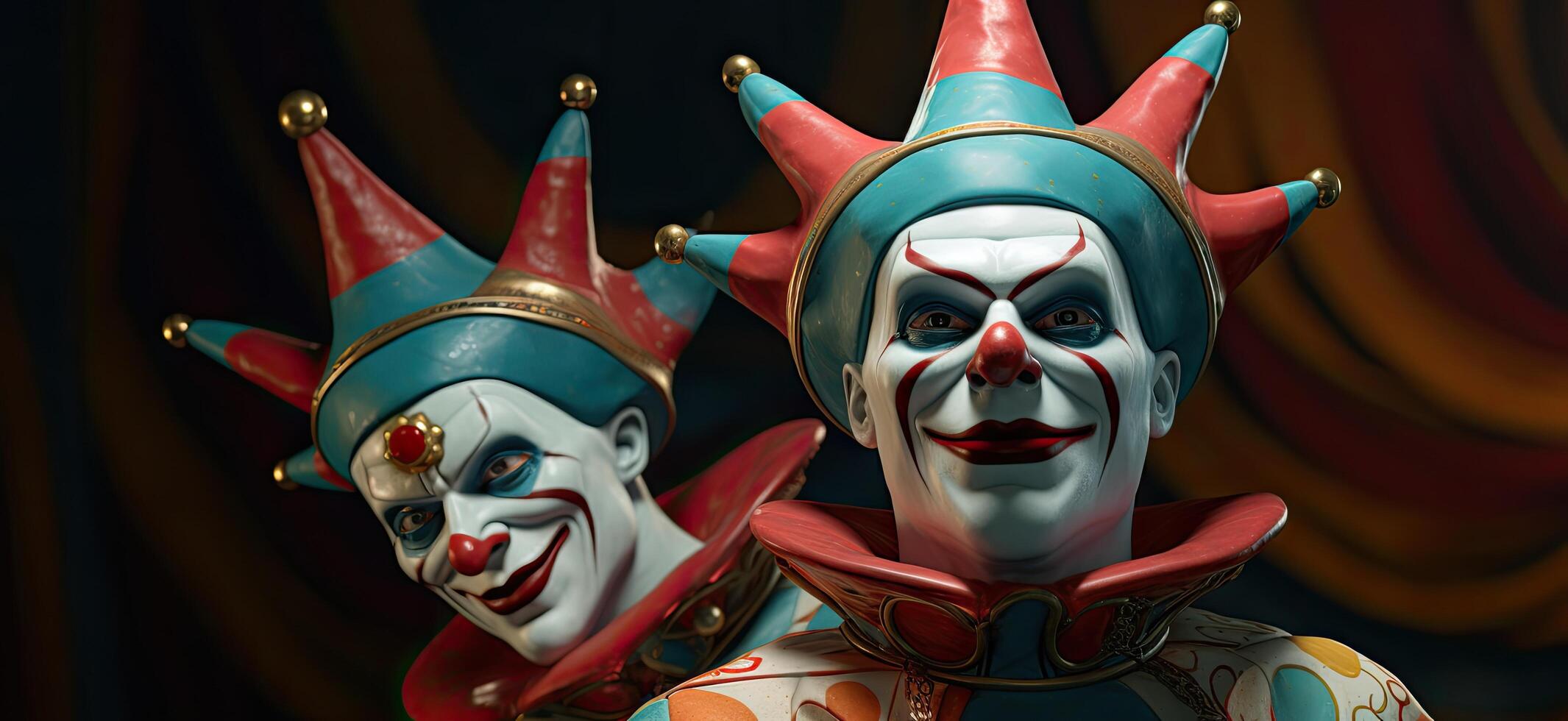 Colorful clown masks with jester hats photo