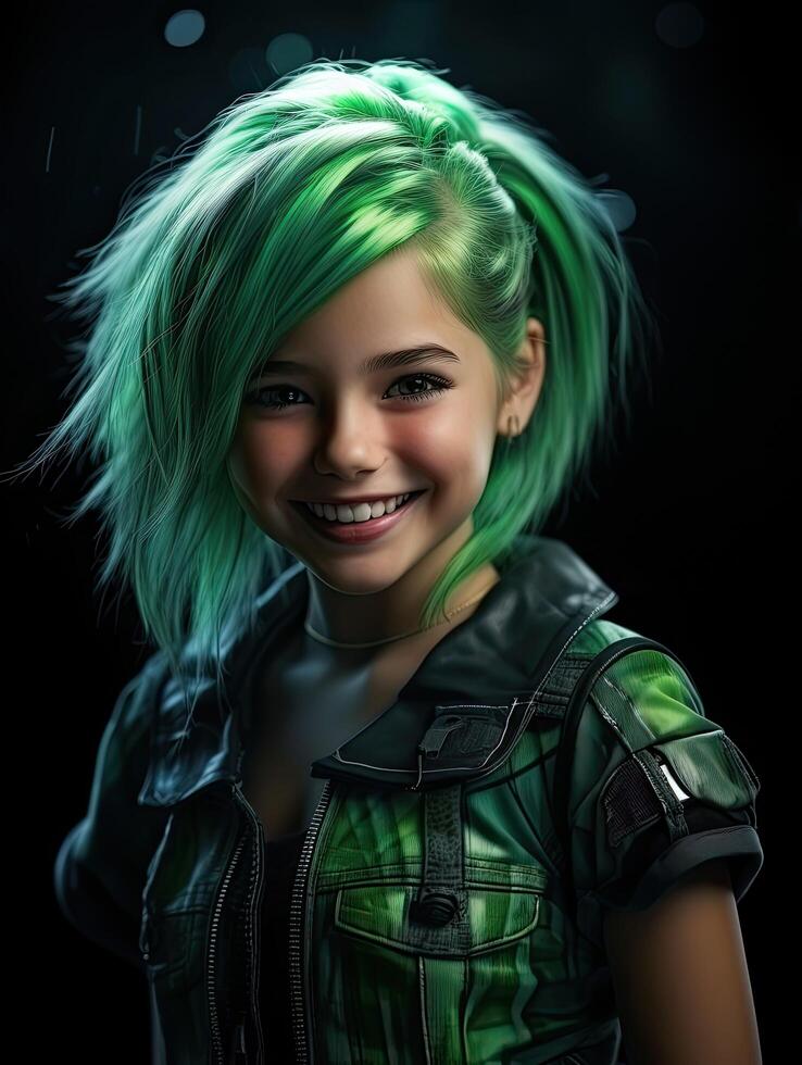 Vibrant green haired girl with bright smile photo
