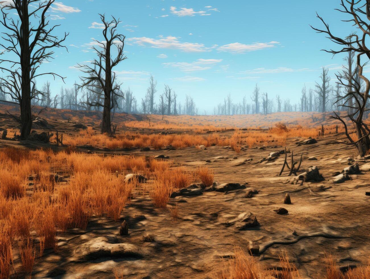 Desolate landscape with dead trees and dry grass photo