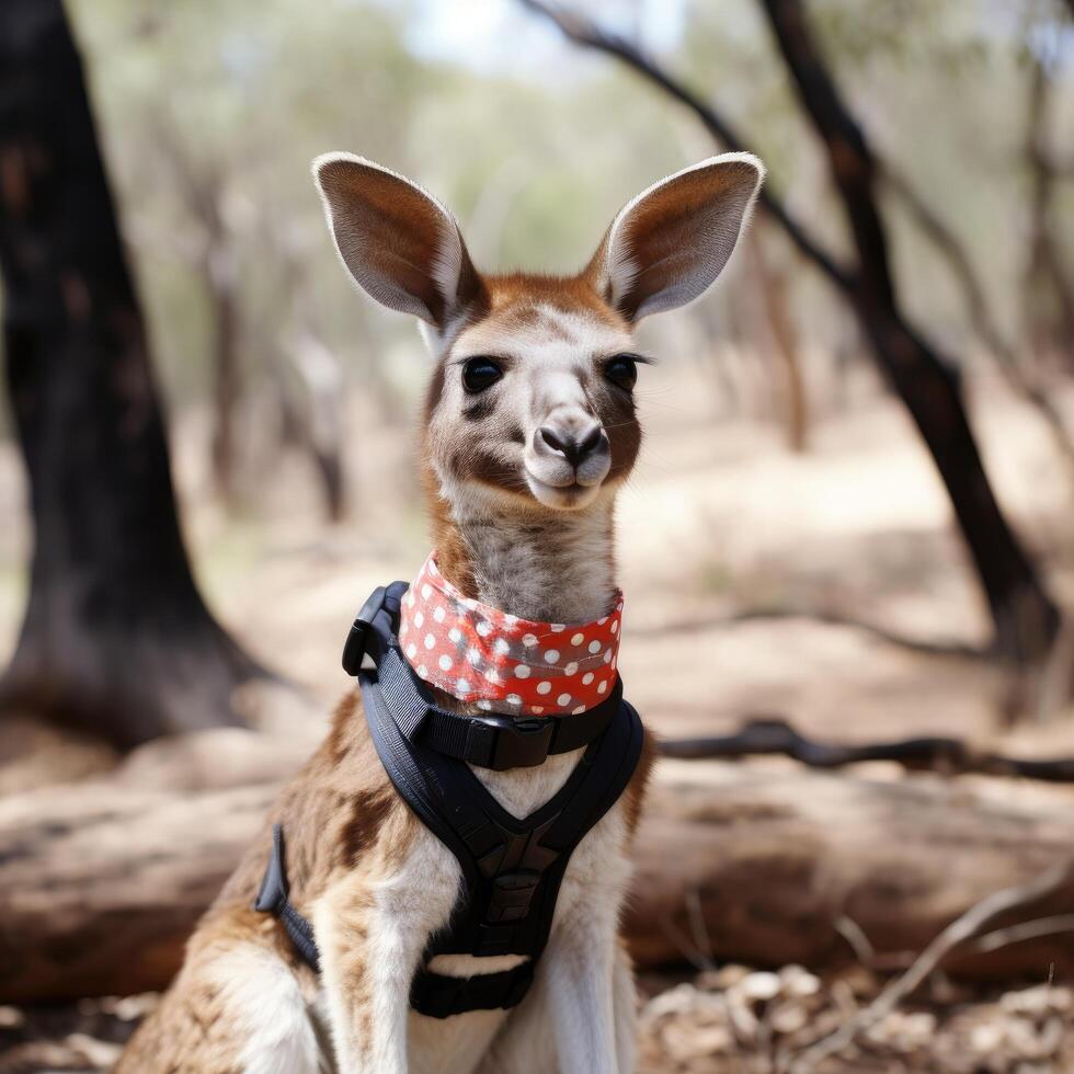 cute kangaroo with polka dot scarf in the bush photo