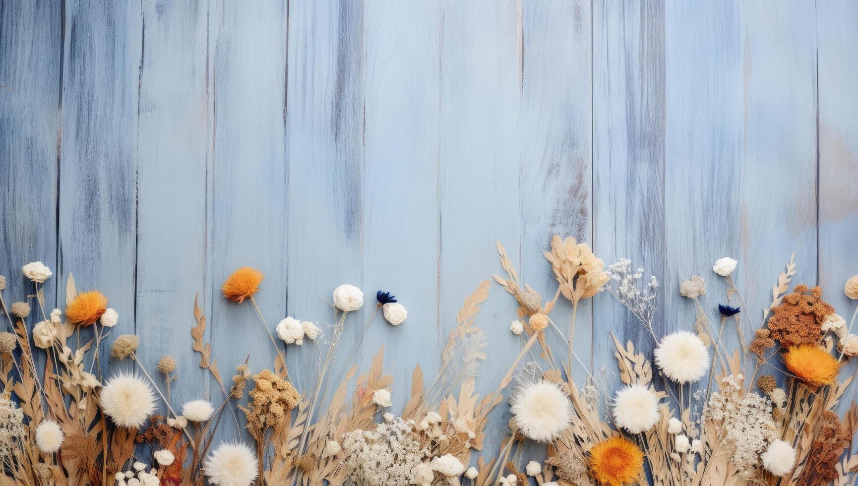 Dried floral arrangement on rustic wooden background photo
