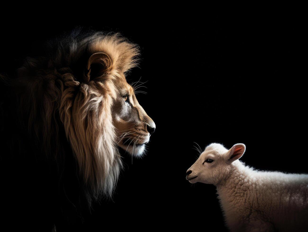 Powerful lion and innocent lamb in contrast photo