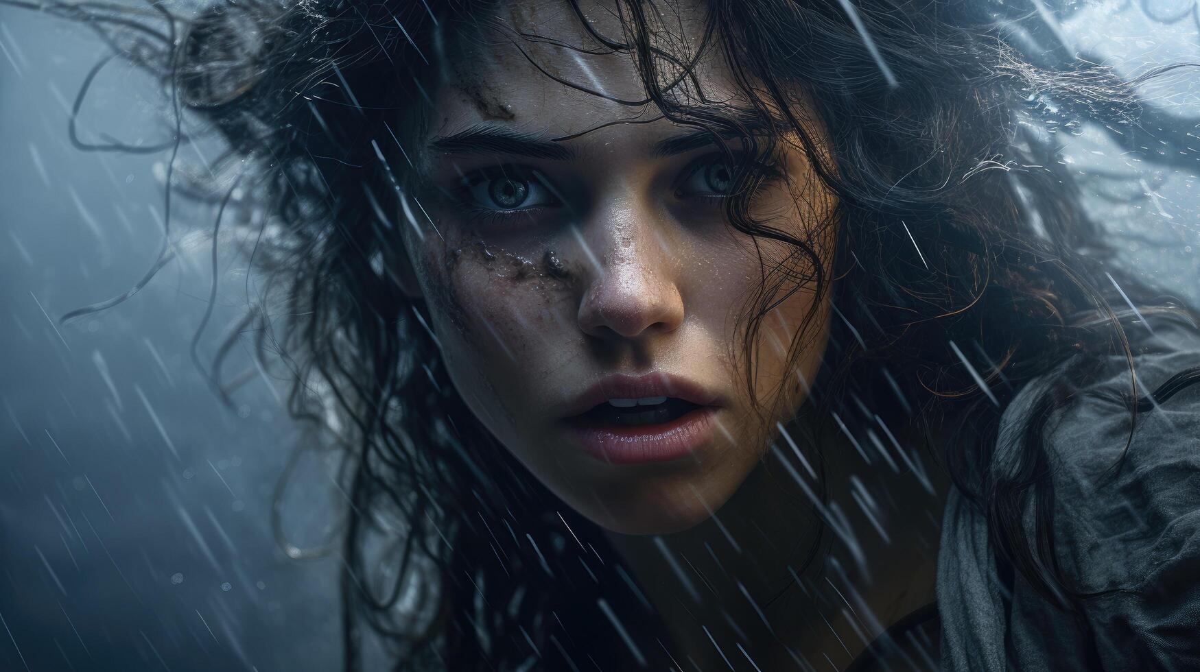 Intense gaze of a woman in the rain photo