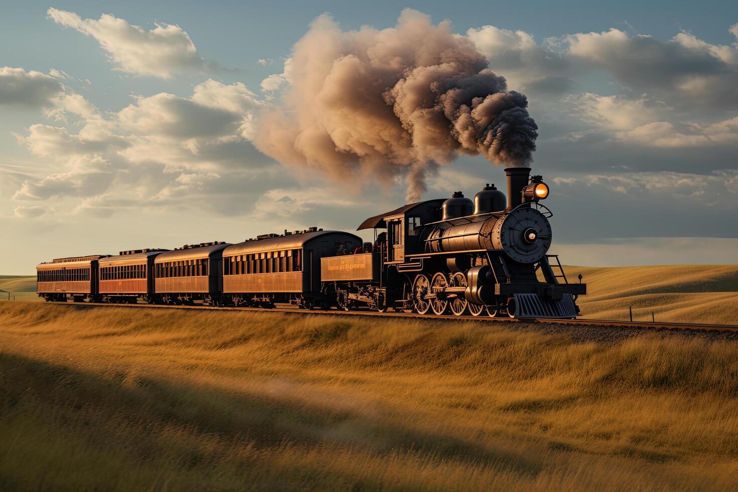 Vintage steam locomotive chugging through countryside photo