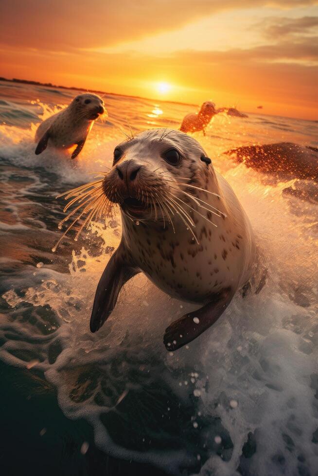 Playful seals swimming in sunset waves photo