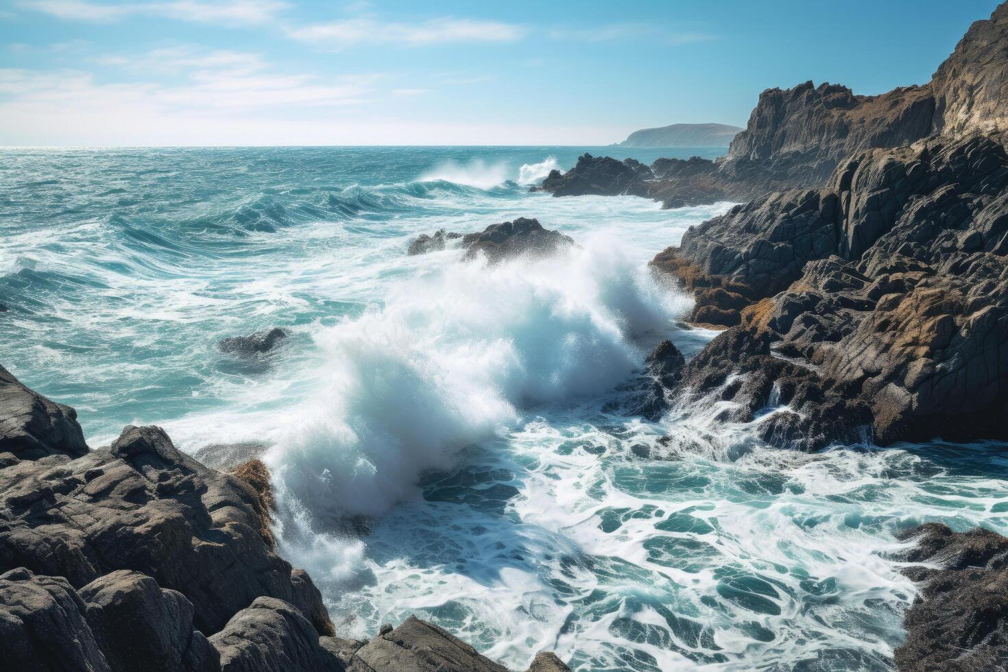Dramatic ocean waves crashing against rocky coastline photo