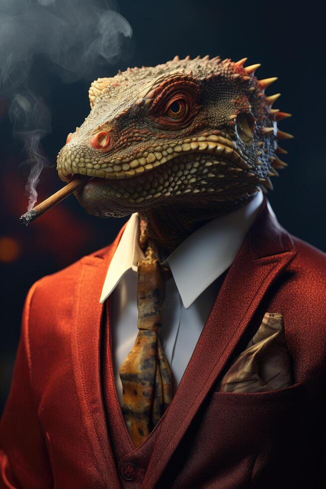 Reptilian businessman smoking cigar photo