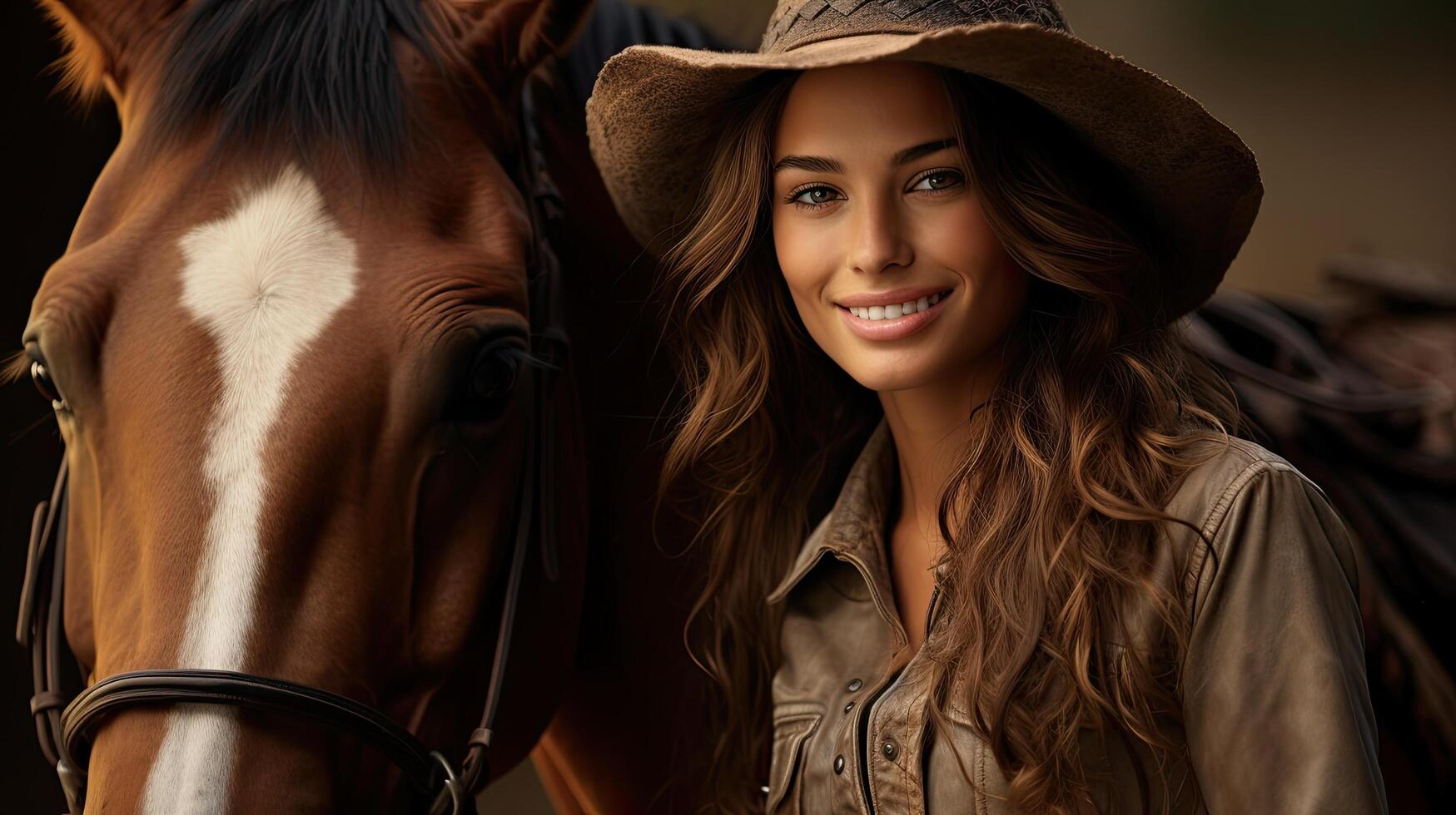 Smiling woman in cowgirl outfit posing with horse photo