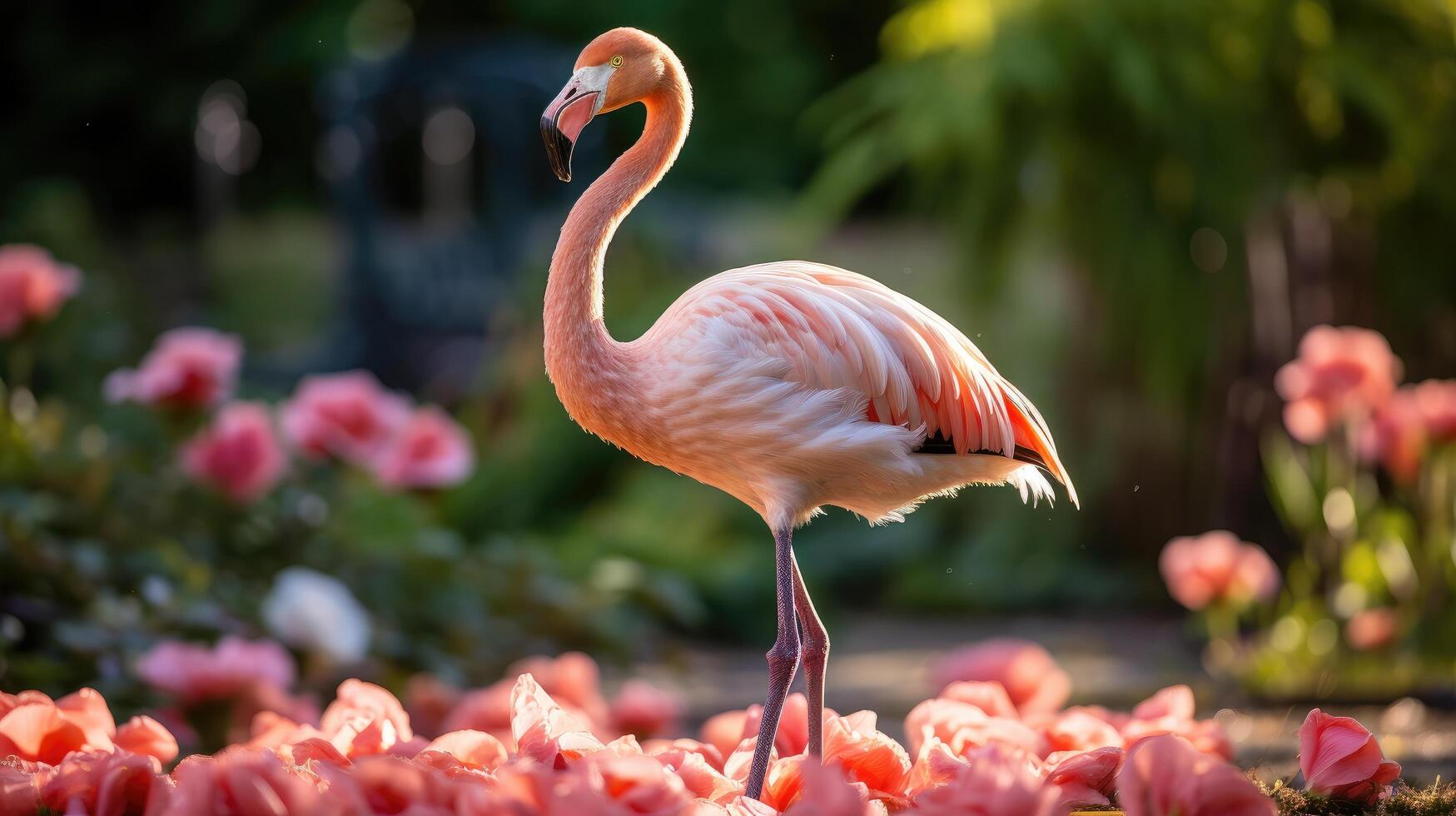 Vibrant flamingo standing among pink flowers photo
