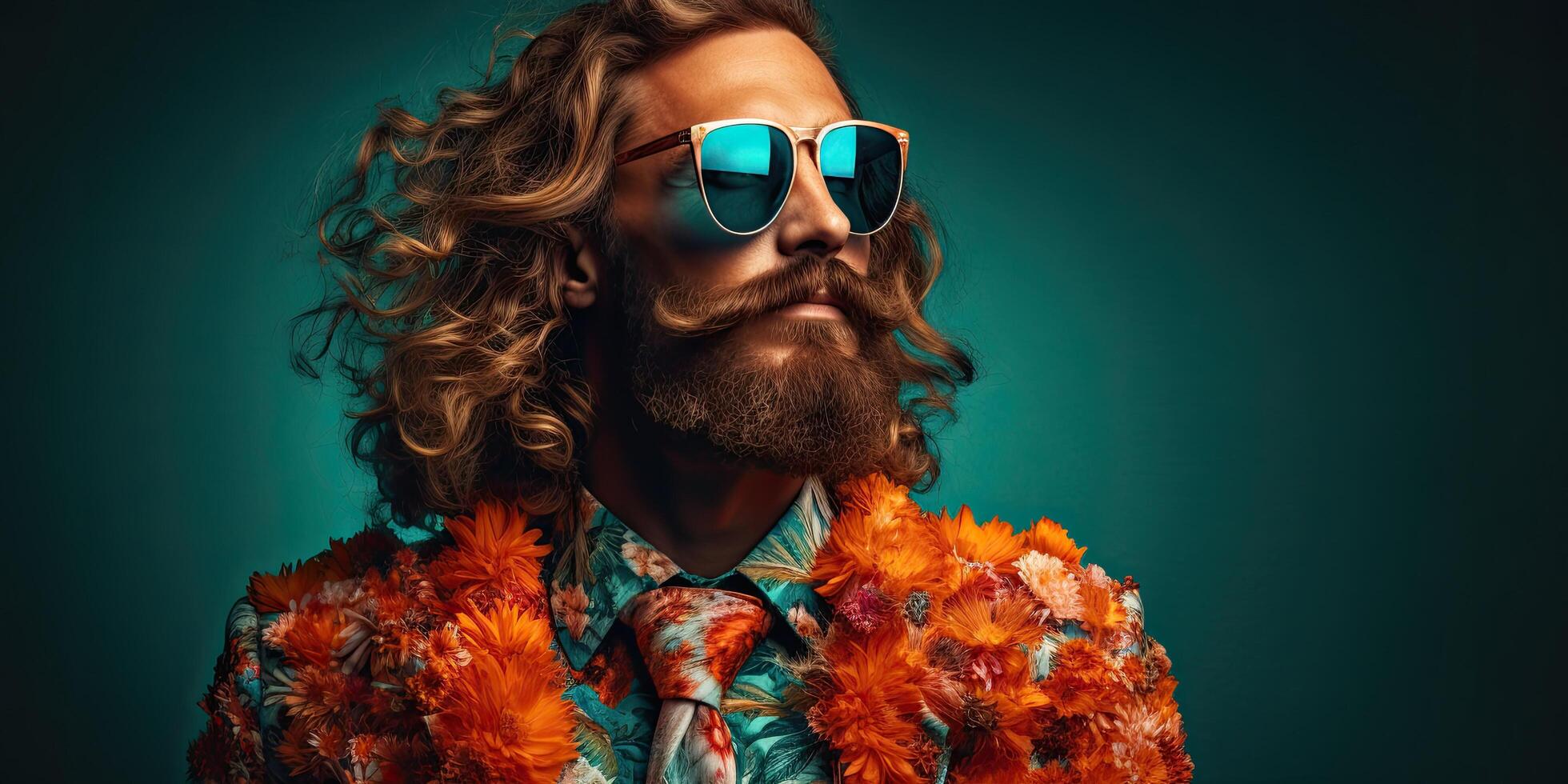 stylish man with curly hair and beard wearing sunglasses surrounded by orange flowers photo