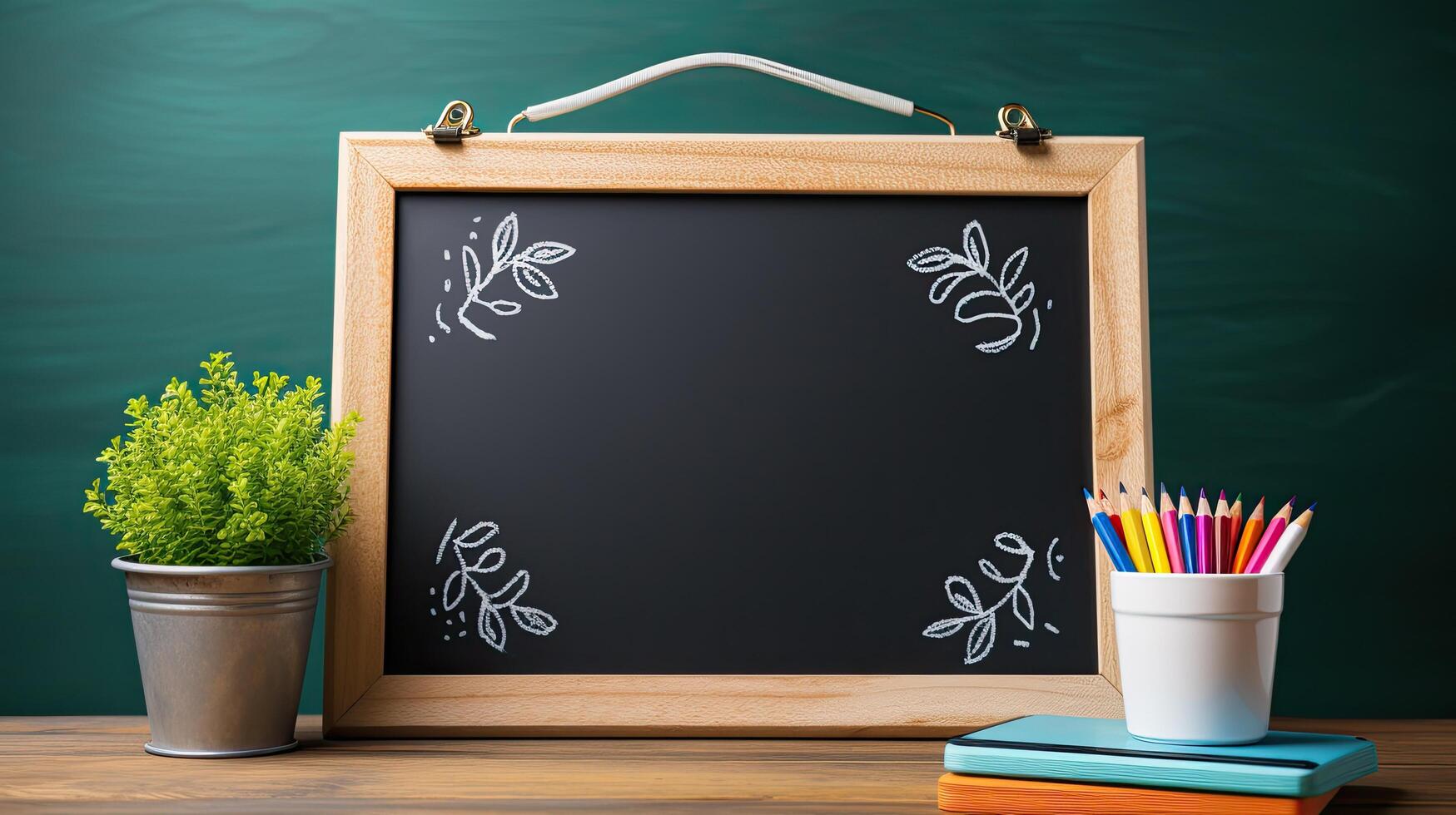 Chalkboard with floral design and school supplies photo