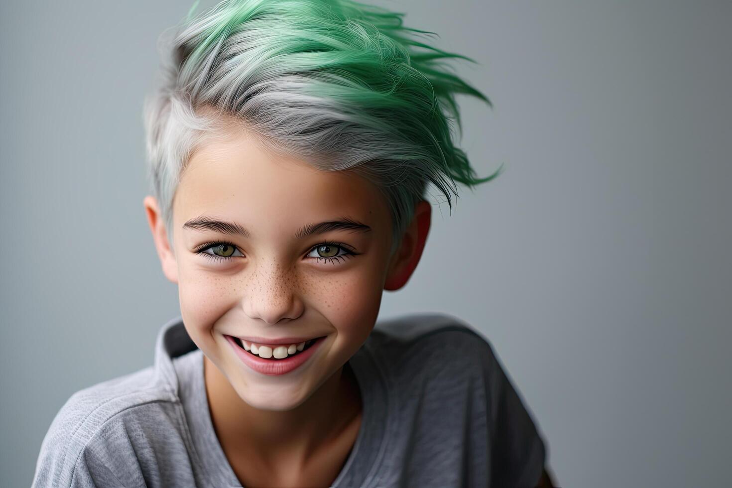 smiling person with vibrant green and white hair photo