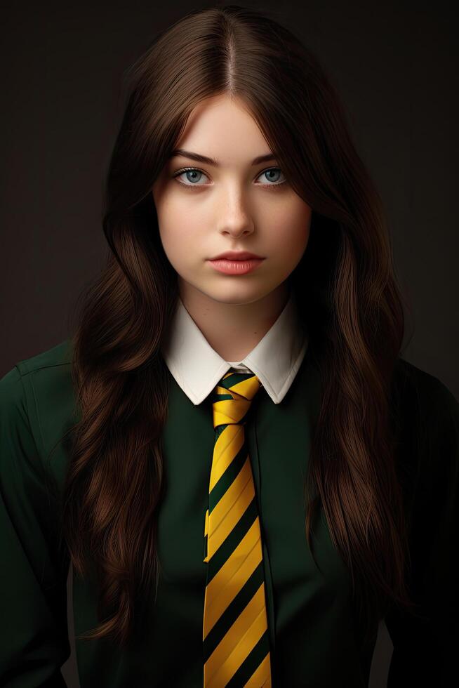 Serious young woman in school uniform photo
